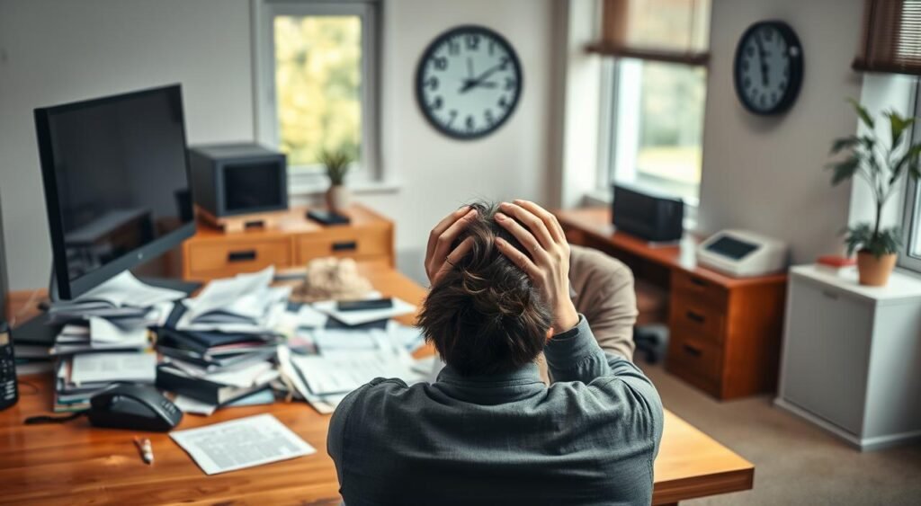 A serene, well-lit office setting with a wooden desk featuring various stressful triggers: overflowing paperwork, a ringing phone, a vibrating smartphone, and a looming computer screen. In the foreground, a stressed person sits with their head in their hands, conveying a sense of overwhelm. The middle ground shows a clock on the wall, emphasizing the pressure of time constraints. The background depicts a calming, blurred outdoor scene through a window, suggesting the need for balance and respite from the stressful environment. The image should evoke a sense of tension and the importance of identifying and reducing the daily triggers that contribute to stress and anxiety. A serene, well-lit office setting with a wooden desk featuring various stressful triggers: overflowing paperwork, a ringing phone, a vibrating smartphone, and a looming computer screen. In the foreground, a stressed person sits with their head in their hands, conveying a sense of overwhelm. The middle ground shows a clock on the wall, emphasizing the pressure of time constraints. The background depicts a calming, blurred outdoor scene through a window, suggesting the need for balance and respite from the stressful environment. The image should evoke a sense of tension and the importance of identifying and reducing the daily triggers that contribute to stress and anxiety.