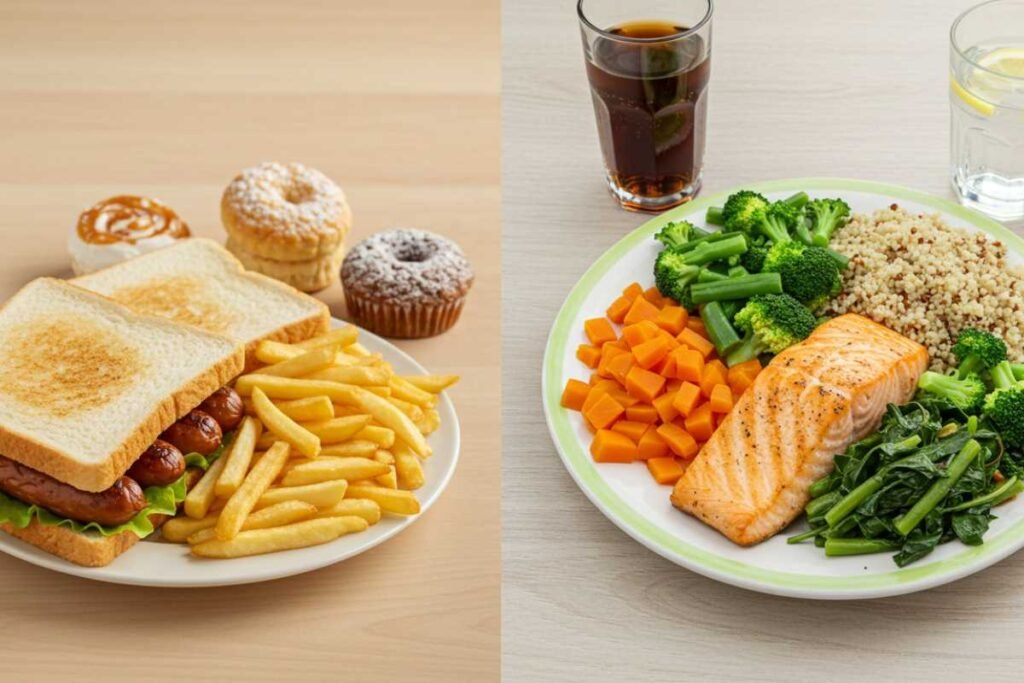 Alimentação Anti-inflamatória para Emagrecer Depois dos 40 4 Comparação entre refeição inflamatória com alimentos processados e refeição anti-inflamatória colorida para emagrecer após os 40 anos