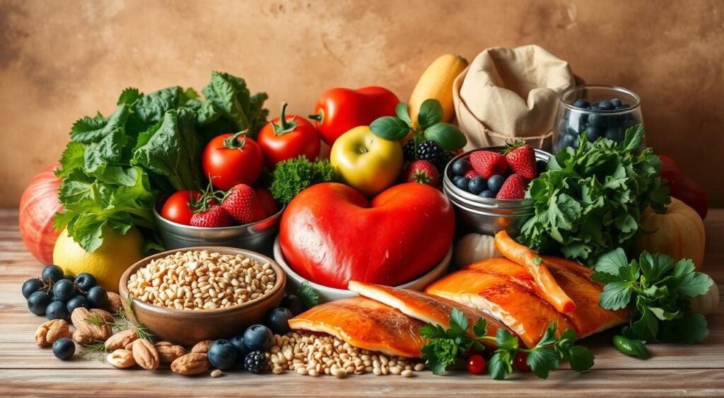 A bountiful array of heart-healthy foods, including fresh produce, whole grains, lean proteins, and vibrant garnishes, arranged artfully against a warm, earthy backdrop. Soft, diffused lighting illuminates the scene, creating a comforting and inviting atmosphere. The composition showcases the diverse range of ingredients that can help lower blood pressure, from leafy greens and berries to nuts and fish, captured in a visually appealing and appetizing manner. A bountiful array of heart-healthy foods, including fresh produce, whole grains, lean proteins, and vibrant garnishes, arranged artfully against a warm, earthy backdrop. Soft, diffused lighting illuminates the scene, creating a comforting and inviting atmosphere. The composition showcases the diverse range of ingredients that can help lower blood pressure, from leafy greens and berries to nuts and fish, captured in a visually appealing and appetizing manner.