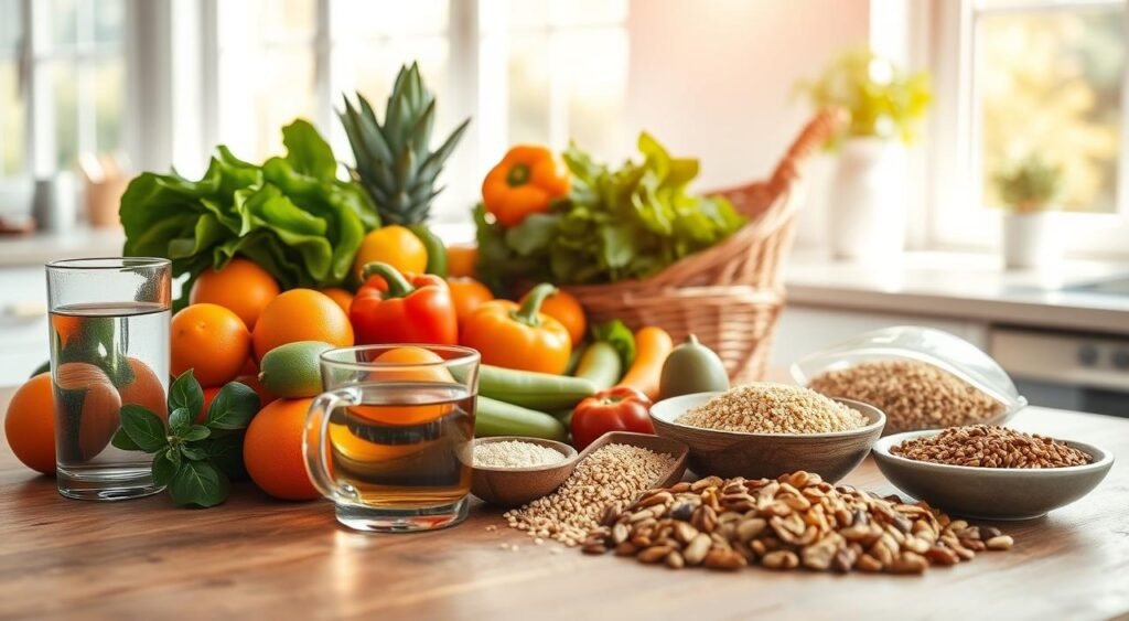 A bright, airy kitchen setting with healthy foods artfully arranged on a wooden table. In the foreground, a variety of fresh fruits and vegetables - vibrant oranges, leafy greens, crisp bell peppers - along with a glass of water and a cup of herbal tea. In the middle ground, whole grains like quinoa and brown rice, as well as nuts and seeds, symbolizing a balanced, nutrient-rich diet. The background features natural light streaming in through large windows, casting a warm, inviting glow over the scene. A sense of calm and mindfulness permeates the setting, suggesting a daily routine focused on nourishing the body and lowering blood pressure. A bright, airy kitchen setting with healthy foods artfully arranged on a wooden table. In the foreground, a variety of fresh fruits and vegetables - vibrant oranges, leafy greens, crisp bell peppers - along with a glass of water and a cup of herbal tea. In the middle ground, whole grains like quinoa and brown rice, as well as nuts and seeds, symbolizing a balanced, nutrient-rich diet. The background features natural light streaming in through large windows, casting a warm, inviting glow over the scene. A sense of calm and mindfulness permeates the setting, suggesting a daily routine focused on nourishing the body and lowering blood pressure.