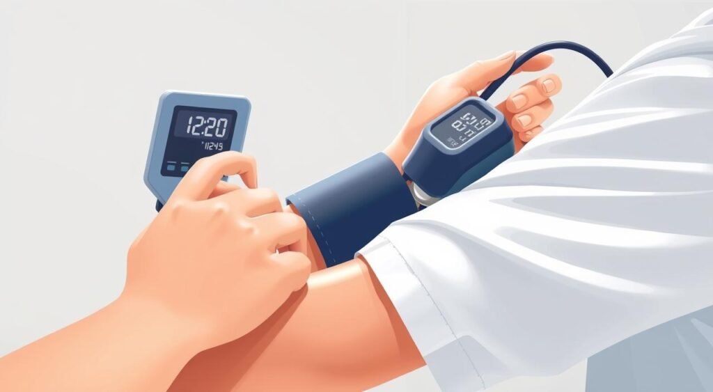A high-contrast, realistic illustration of a person's blood pressure being monitored, with a sphygmomanometer (blood pressure cuff) around their arm and a digital display showing the readings. The scene is set in a clean, well-lit medical setting, with a neutral background that allows the focus to remain on the measurement process. The lighting should create a sense of clinical precision and attention to detail. The overall tone should convey the importance of carefully monitoring blood pressure and the need for caution when it comes to dietary and lifestyle factors that can impact it. A high-contrast, realistic illustration of a person's blood pressure being monitored, with a sphygmomanometer (blood pressure cuff) around their arm and a digital display showing the readings. The scene is set in a clean, well-lit medical setting, with a neutral background that allows the focus to remain on the measurement process. The lighting should create a sense of clinical precision and attention to detail. The overall tone should convey the importance of carefully monitoring blood pressure and the need for caution when it comes to dietary and lifestyle factors that can impact it.