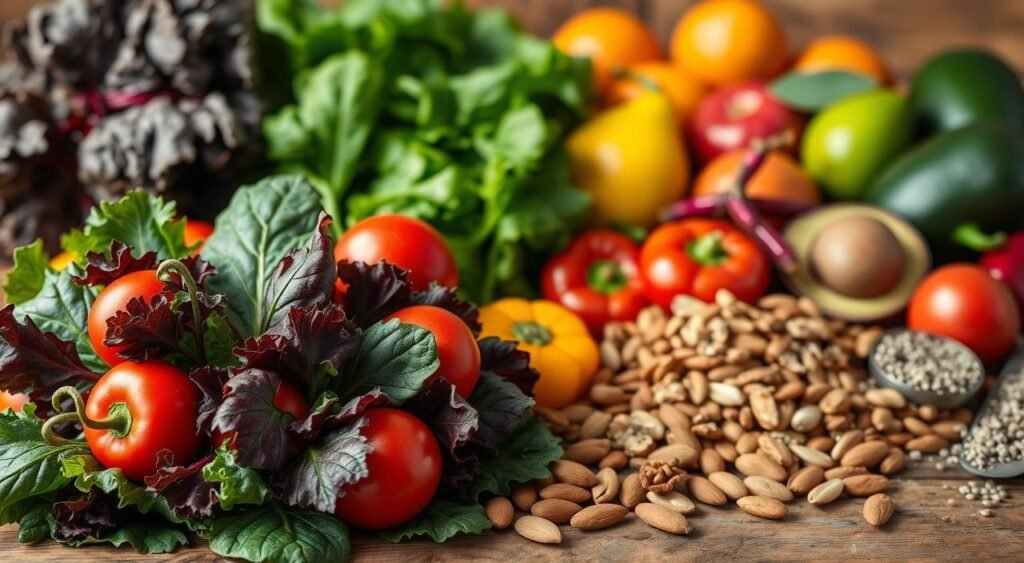 A luscious, vibrant still life composition featuring an assortment of fresh, nutritious foods known to support healthy blood pressure. In the foreground, a cluster of deep green leafy greens, such as kale and spinach, nestled alongside ruby-red tomatoes and crisp bell peppers. In the middle ground, an array of heart-healthy nuts and seeds, including almonds, walnuts, and chia, scattered across a rustic wooden surface. In the background, a display of ripe avocados, juicy citrus fruits, and earthy beets, all basking in warm, natural lighting that accentuates their vibrant hues. The overall scene conveys a sense of vitality, balance, and the nourishing power of these key nutrients for supporting optimal blood pressure. A luscious, vibrant still life composition featuring an assortment of fresh, nutritious foods known to support healthy blood pressure. In the foreground, a cluster of deep green leafy greens, such as kale and spinach, nestled alongside ruby-red tomatoes and crisp bell peppers. In the middle ground, an array of heart-healthy nuts and seeds, including almonds, walnuts, and chia, scattered across a rustic wooden surface. In the background, a display of ripe avocados, juicy citrus fruits, and earthy beets, all basking in warm, natural lighting that accentuates their vibrant hues. The overall scene conveys a sense of vitality, balance, and the nourishing power of these key nutrients for supporting optimal blood pressure.