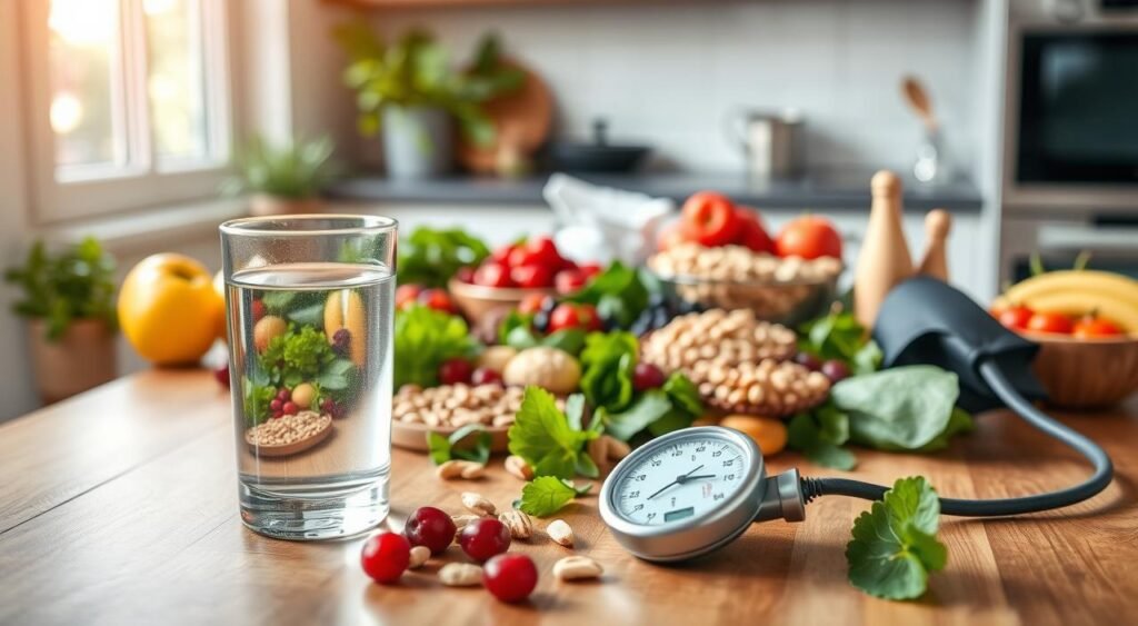 A serene kitchen setting with a variety of fresh, healthy ingredients on a wooden table. In the foreground, a glass of water and a blood pressure monitor, symbolizing the importance of monitoring blood pressure through a balanced diet. The middle ground features an array of heart-healthy foods such as leafy greens, berries, nuts, and whole grains. The background showcases a peaceful, airy atmosphere with natural light filtering through a window, creating a calming and inviting atmosphere. The overall scene conveys the tranquility and simplicity of controlling blood pressure through mindful, nutritious eating. A serene kitchen setting with a variety of fresh, healthy ingredients on a wooden table. In the foreground, a glass of water and a blood pressure monitor, symbolizing the importance of monitoring blood pressure through a balanced diet. The middle ground features an array of heart-healthy foods such as leafy greens, berries, nuts, and whole grains. The background showcases a peaceful, airy atmosphere with natural light filtering through a window, creating a calming and inviting atmosphere. The overall scene conveys the tranquility and simplicity of controlling blood pressure through mindful, nutritious eating.