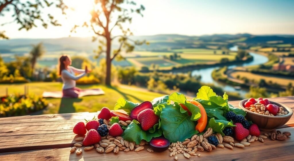 A tranquil scene depicting strategies for a healthy cardiovascular life. In the foreground, a person practicing yoga in a serene, sun-dappled garden, their posture reflecting inner balance and physical wellbeing. The middle ground features a vibrant array of heart-healthy foods - leafy greens, berries, nuts, and whole grains - artfully arranged on a wooden table. In the background, a peaceful landscape with rolling hills, a winding river, and a clear, blue sky, conveying a sense of harmony and vitality. The overall mood is one of mindfulness, nourishment, and the pursuit of cardiovascular wellness through a holistic, nature-inspired lifestyle. A tranquil scene depicting strategies for a healthy cardiovascular life. In the foreground, a person practicing yoga in a serene, sun-dappled garden, their posture reflecting inner balance and physical wellbeing. The middle ground features a vibrant array of heart-healthy foods - leafy greens, berries, nuts, and whole grains - artfully arranged on a wooden table. In the background, a peaceful landscape with rolling hills, a winding river, and a clear, blue sky, conveying a sense of harmony and vitality. The overall mood is one of mindfulness, nourishment, and the pursuit of cardiovascular wellness through a holistic, nature-inspired lifestyle.