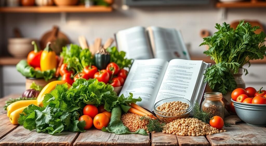 A vibrant still life scene depicting a selection of healthy recipes for blood pressure control. In the foreground, a variety of fresh, colorful ingredients are arranged artfully on a rustic wooden table, including leafy greens, bright vegetables, whole grains, and aromatic herbs. The middle ground features several open recipe books, their pages invitingly displayed. The background is softly blurred, suggesting a cozy, domestic kitchen setting, with warm lighting casting a gentle glow over the scene. The overall composition conveys a sense of culinary abundance, nutritional wellness, and a passion for wholesome, blood pressure-friendly cuisine. A vibrant still life scene depicting a selection of healthy recipes for blood pressure control. In the foreground, a variety of fresh, colorful ingredients are arranged artfully on a rustic wooden table, including leafy greens, bright vegetables, whole grains, and aromatic herbs. The middle ground features several open recipe books, their pages invitingly displayed. The background is softly blurred, suggesting a cozy, domestic kitchen setting, with warm lighting casting a gentle glow over the scene. The overall composition conveys a sense of culinary abundance, nutritional wellness, and a passion for wholesome, blood pressure-friendly cuisine.